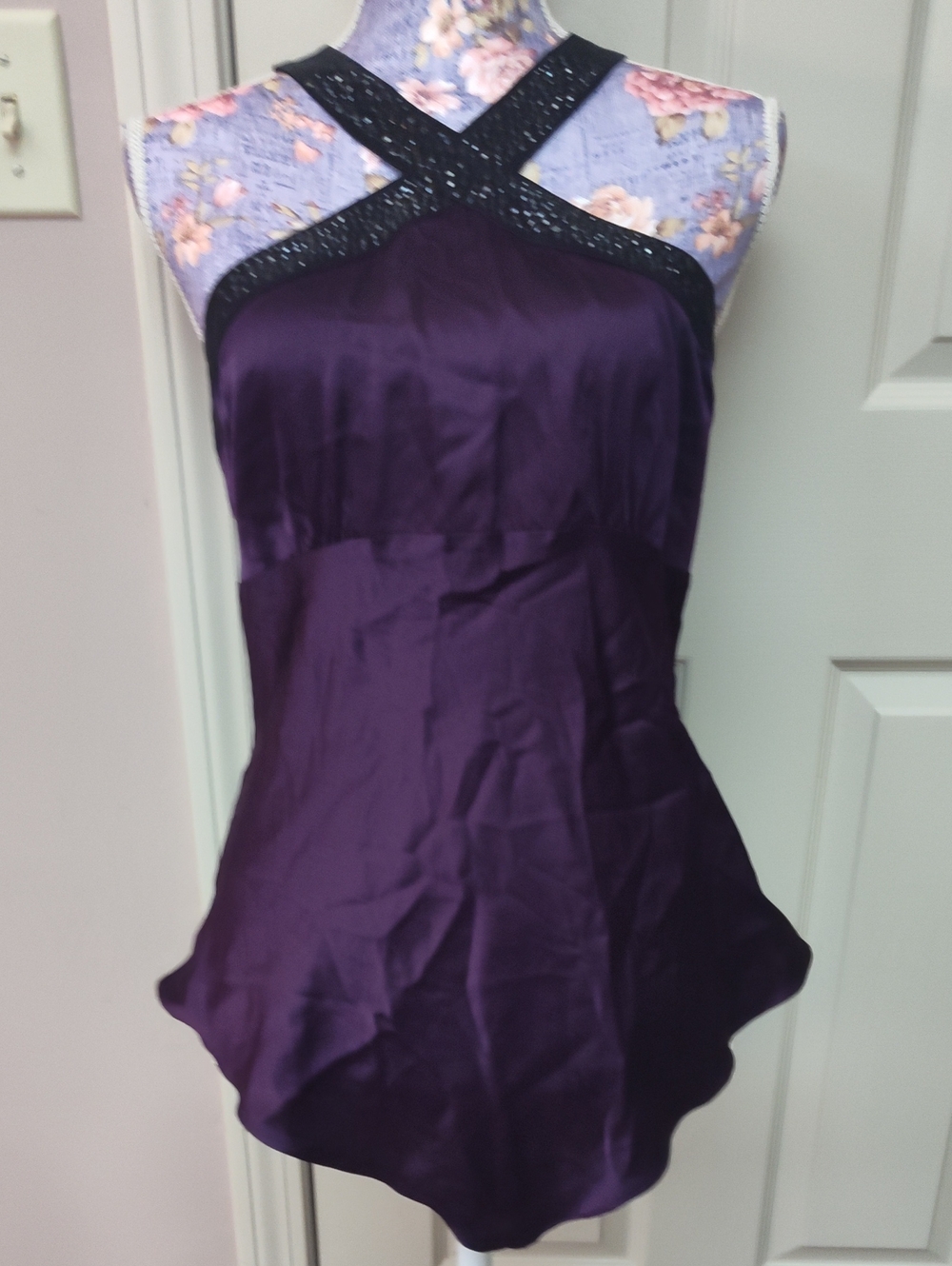 Cache Purple Halter Peplum Top with Black Beaded Straps